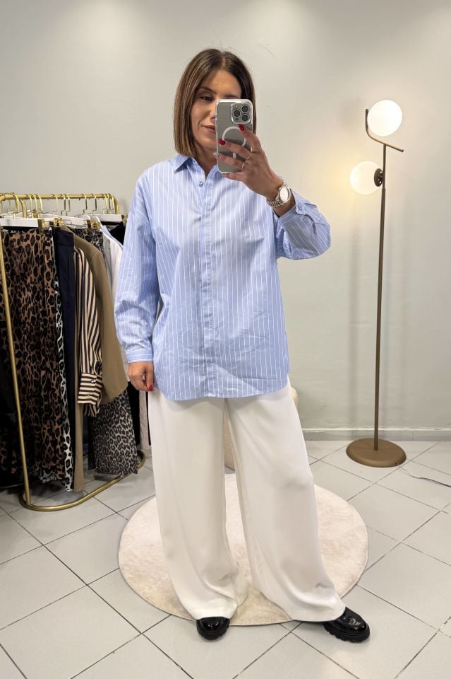 Poplin Oversize Gömlek Mavi Çizgili
