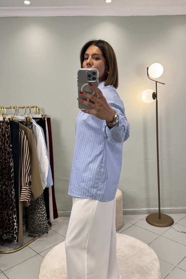 Poplin Oversize Gömlek Mavi Çizgili