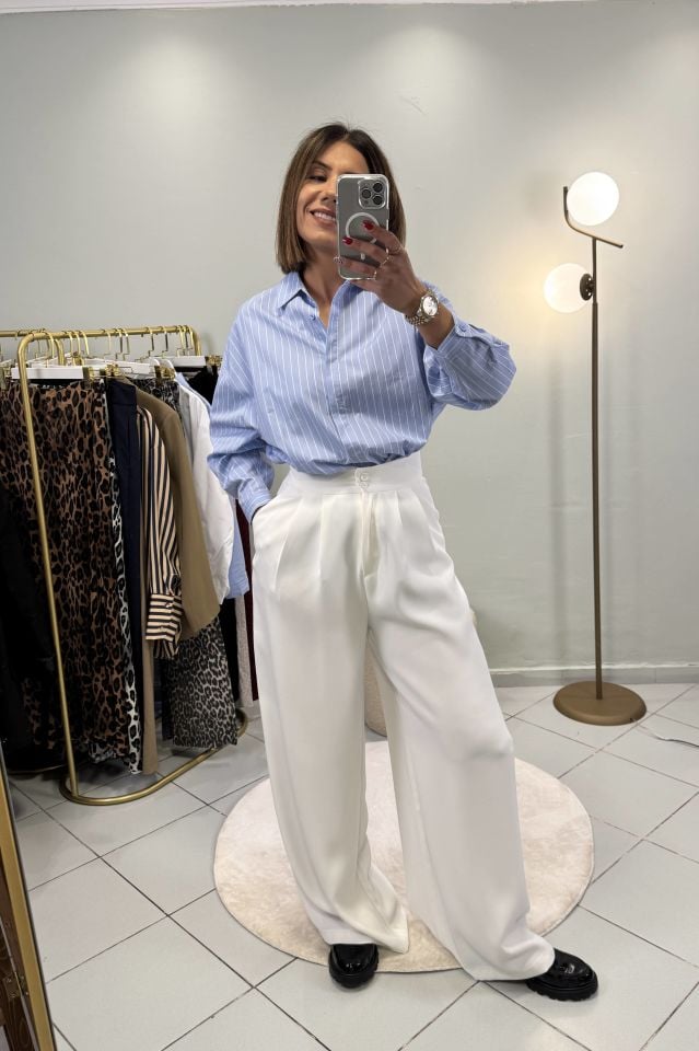 Poplin Oversize Gömlek Mavi Çizgili