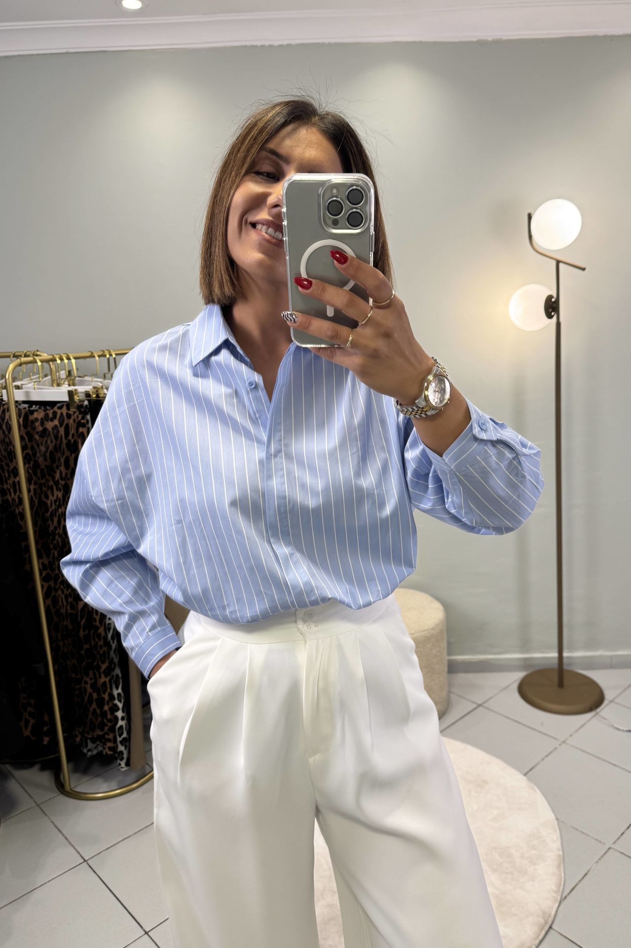 Poplin Oversize Gömlek Mavi Çizgili