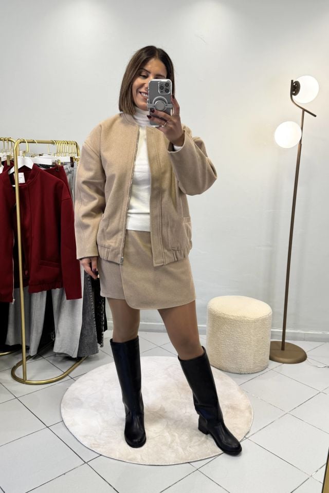 Premium Kaşe Etekli Bomber Ceketli Takım Bej