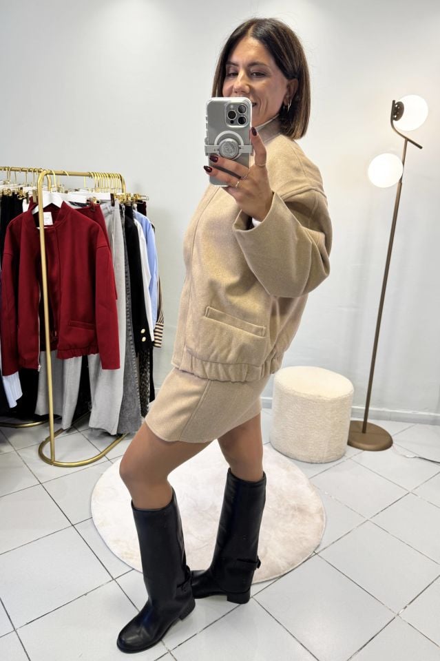 Premium Kaşe Etekli Bomber Ceketli Takım Bej