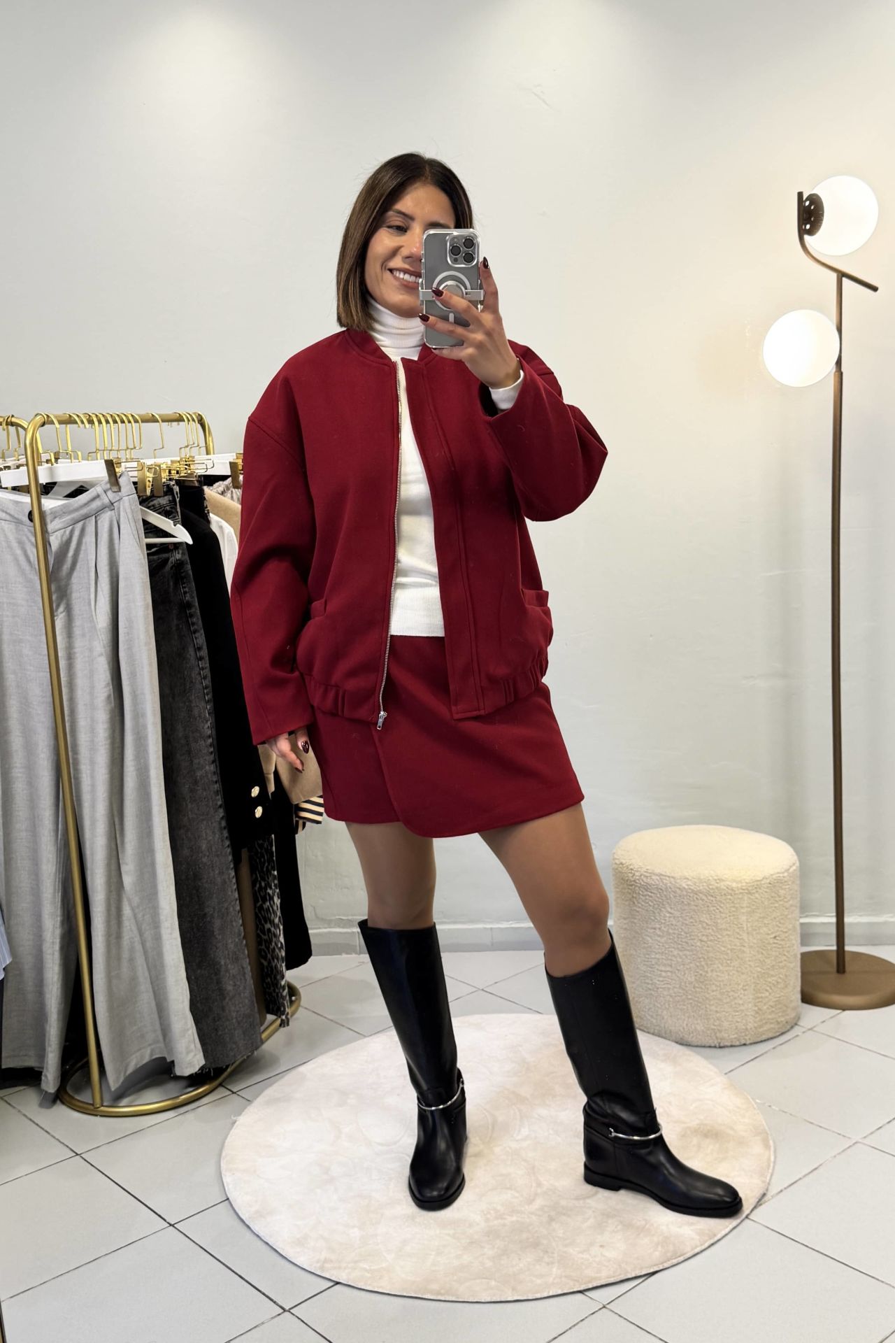 Premium Kaşe Etekli Bomber Ceketli Takım Bordo