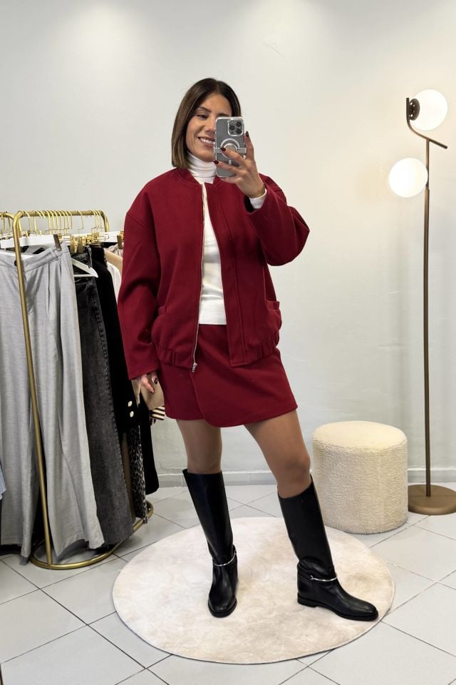 Premium Kaşe Etekli Bomber Ceketli Takım Bordo