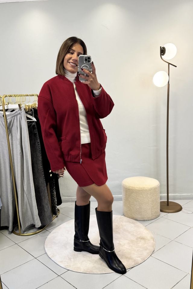 Premium Kaşe Etekli Bomber Ceketli Takım Bordo