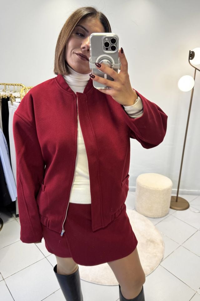 Premium Kaşe Etekli Bomber Ceketli Takım Bordo