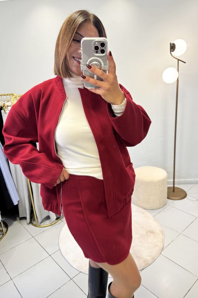 Premium Kaşe Etekli Bomber Ceketli Takım Bordo