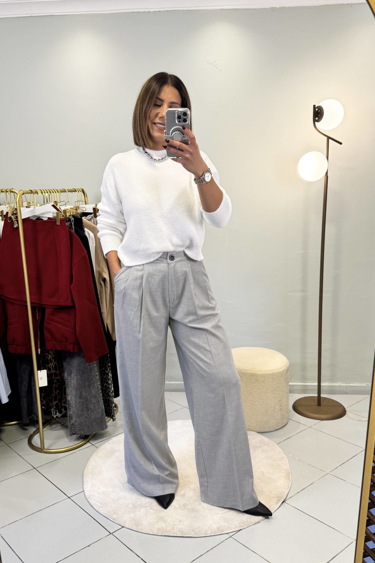 Poliviskon Çift Pile Palazzo Pantolon Gri