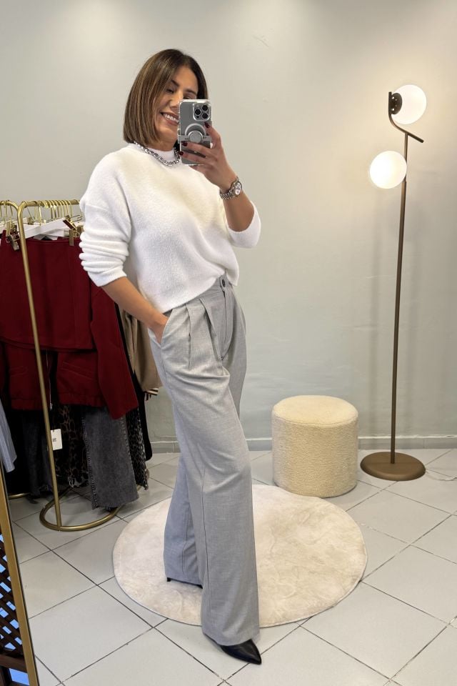 Poliviskon Çift Pile Palazzo Pantolon Gri