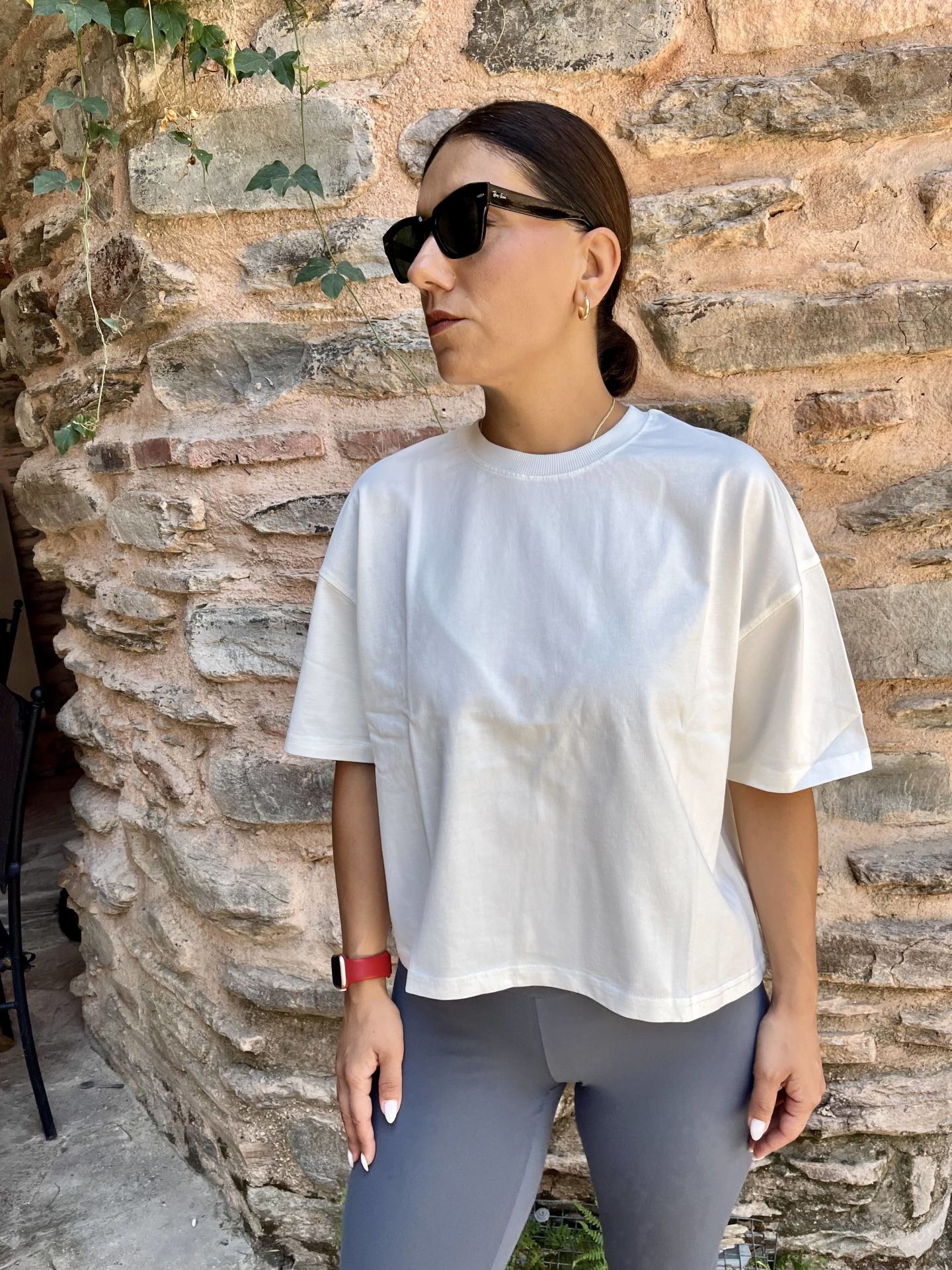 Kısa Kollu Pamuklu T-shirt Ekru