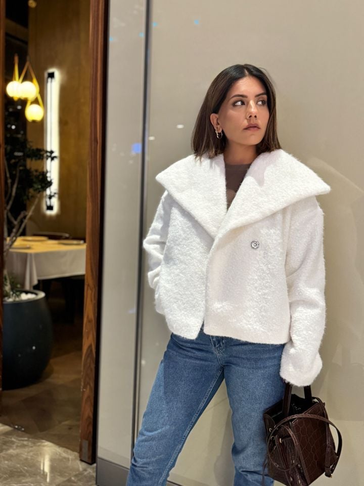 Kruvaze Şal Yaka Buklet Ceket Ekru