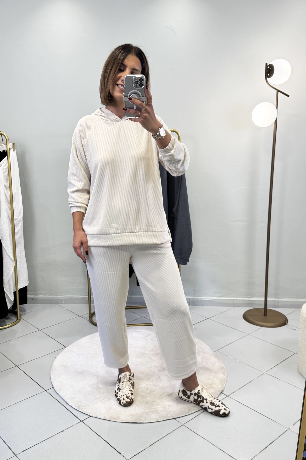 Fitilli Sweatshirt Şalvar Pantolon Takım Ekru