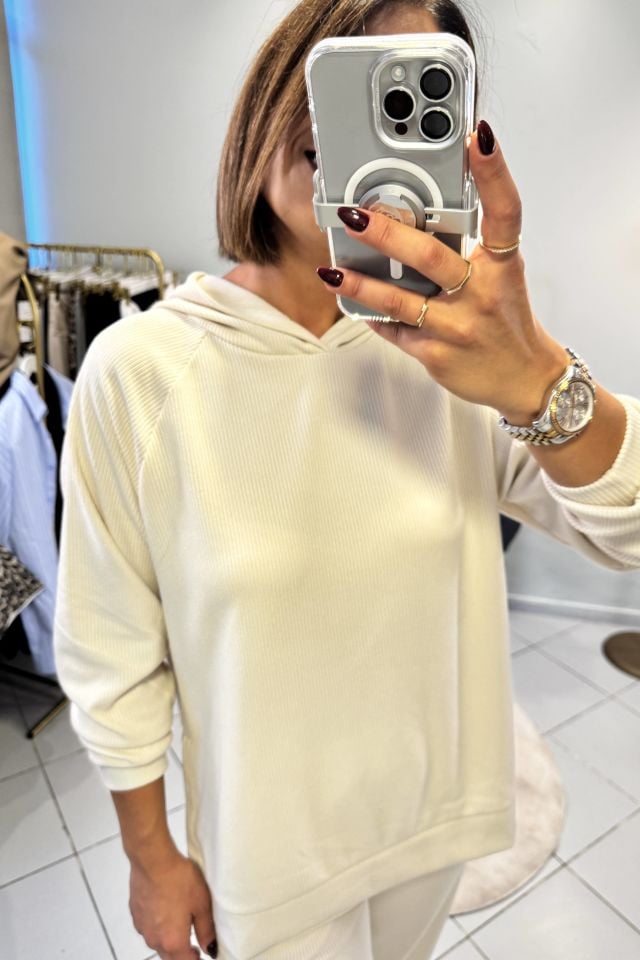 Fitilli Sweatshirt Şalvar Pantolon Takım Ekru