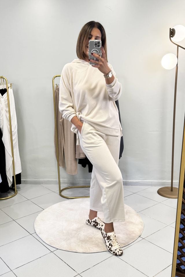 Fitilli Sweatshirt Şalvar Pantolon Takım Ekru
