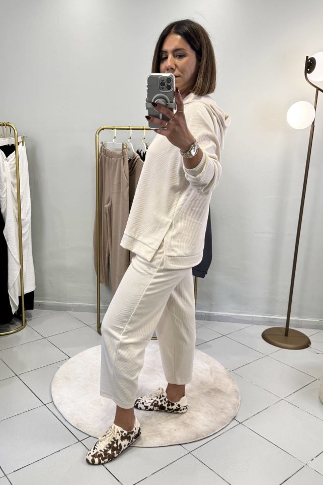 Fitilli Sweatshirt Şalvar Pantolon Takım Ekru