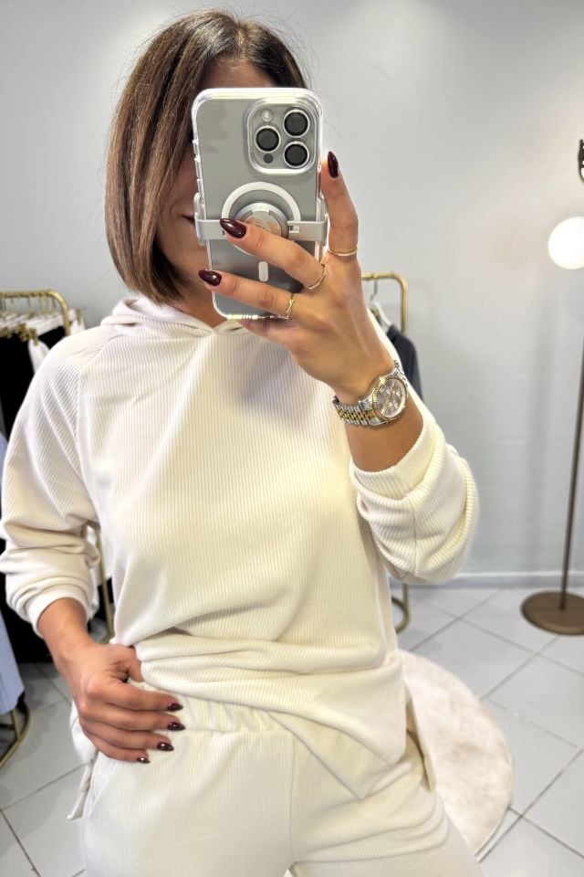 Fitilli Sweatshirt Şalvar Pantolon Takım Ekru
