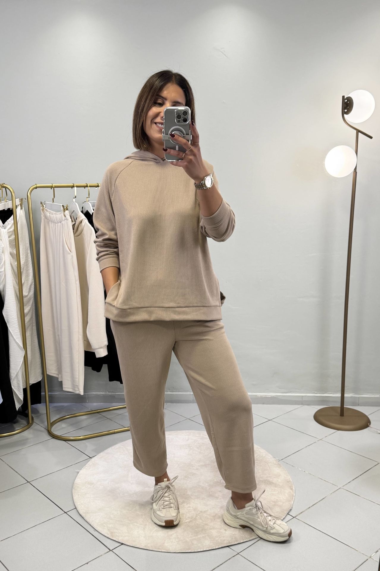 Fitilli Sweatshirt Şalvar Pantolon Takım Vizon