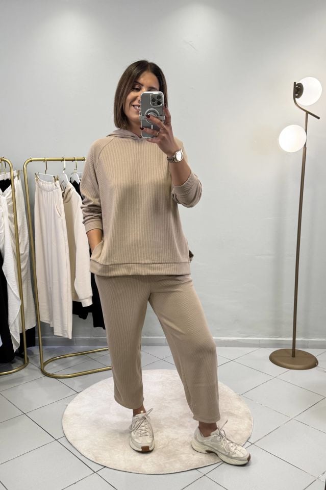 Fitilli Sweatshirt Şalvar Pantolon Takım Vizon