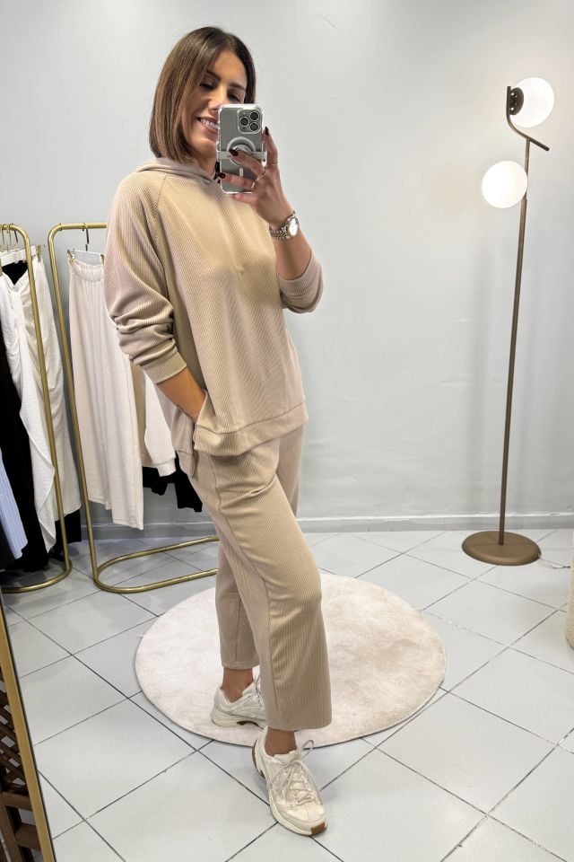 Fitilli Sweatshirt Şalvar Pantolon Takım Vizon