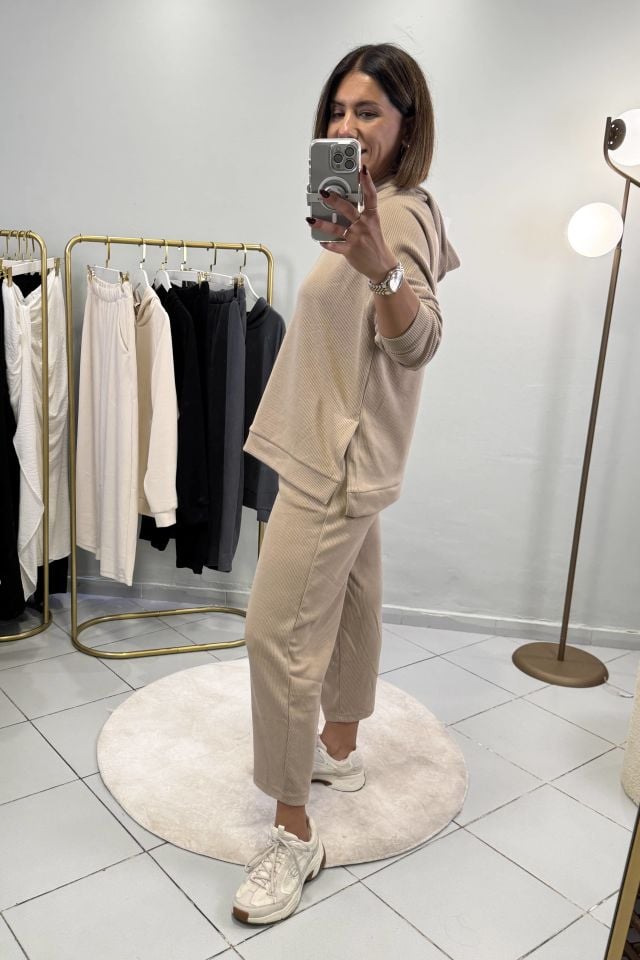 Fitilli Sweatshirt Şalvar Pantolon Takım Vizon