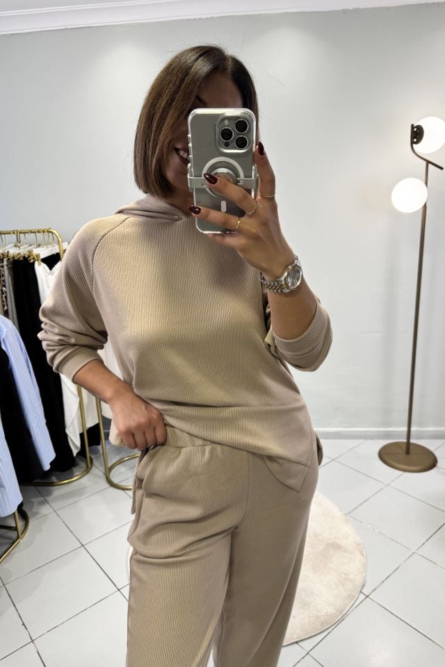 Fitilli Sweatshirt Şalvar Pantolon Takım Vizon