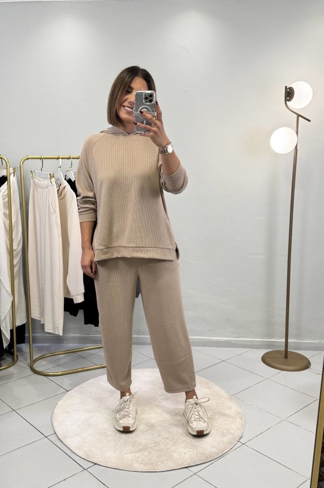 Fitilli Sweatshirt Şalvar Pantolon Takım Vizon