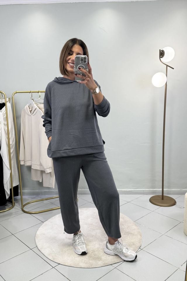 Fitilli Sweatshirt Şalvar Pantolon Takım Antrasit