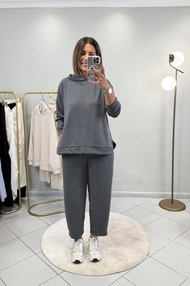 Fitilli Sweatshirt Şalvar Pantolon Takım Antrasit