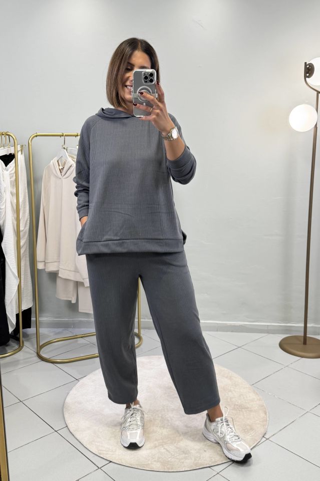 Fitilli Sweatshirt Şalvar Pantolon Takım Antrasit