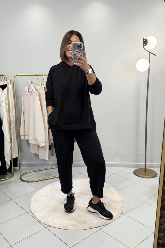 Fitilli Sweatshirt Şalvar Pantolon Takım Siyah