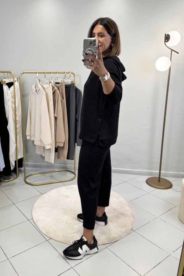 Fitilli Sweatshirt Şalvar Pantolon Takım Siyah