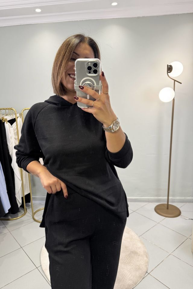 Fitilli Sweatshirt Şalvar Pantolon Takım Siyah