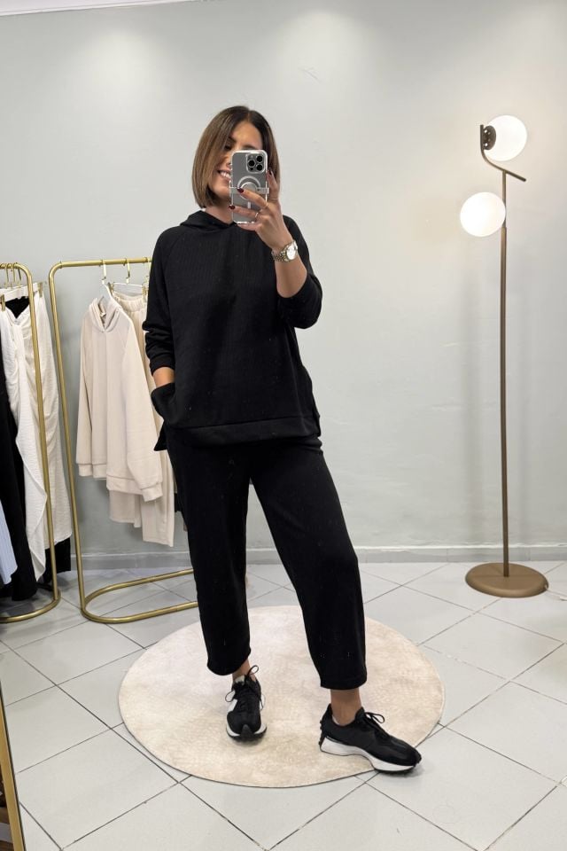 Fitilli Sweatshirt Şalvar Pantolon Takım Siyah