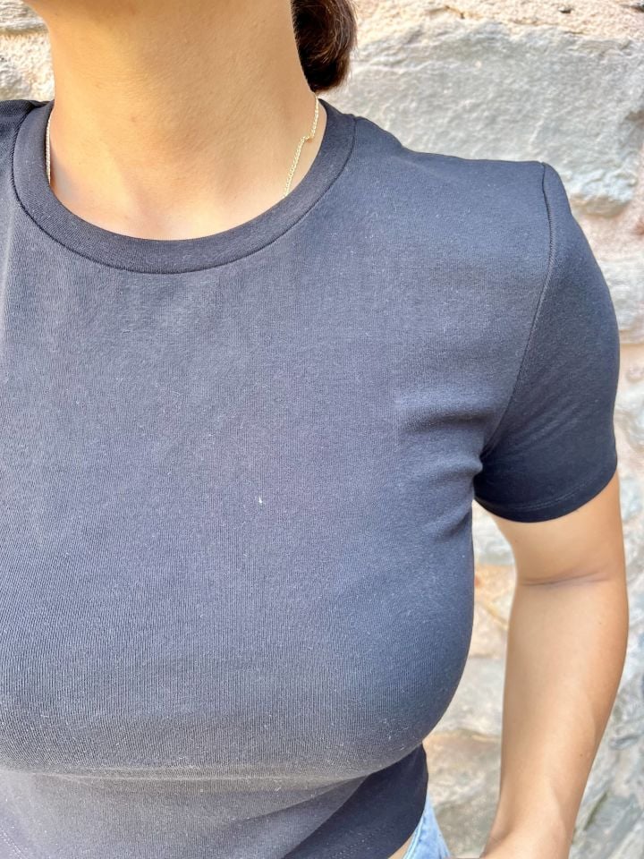 Bisiklet Yaka Crop T-shirt Siyah