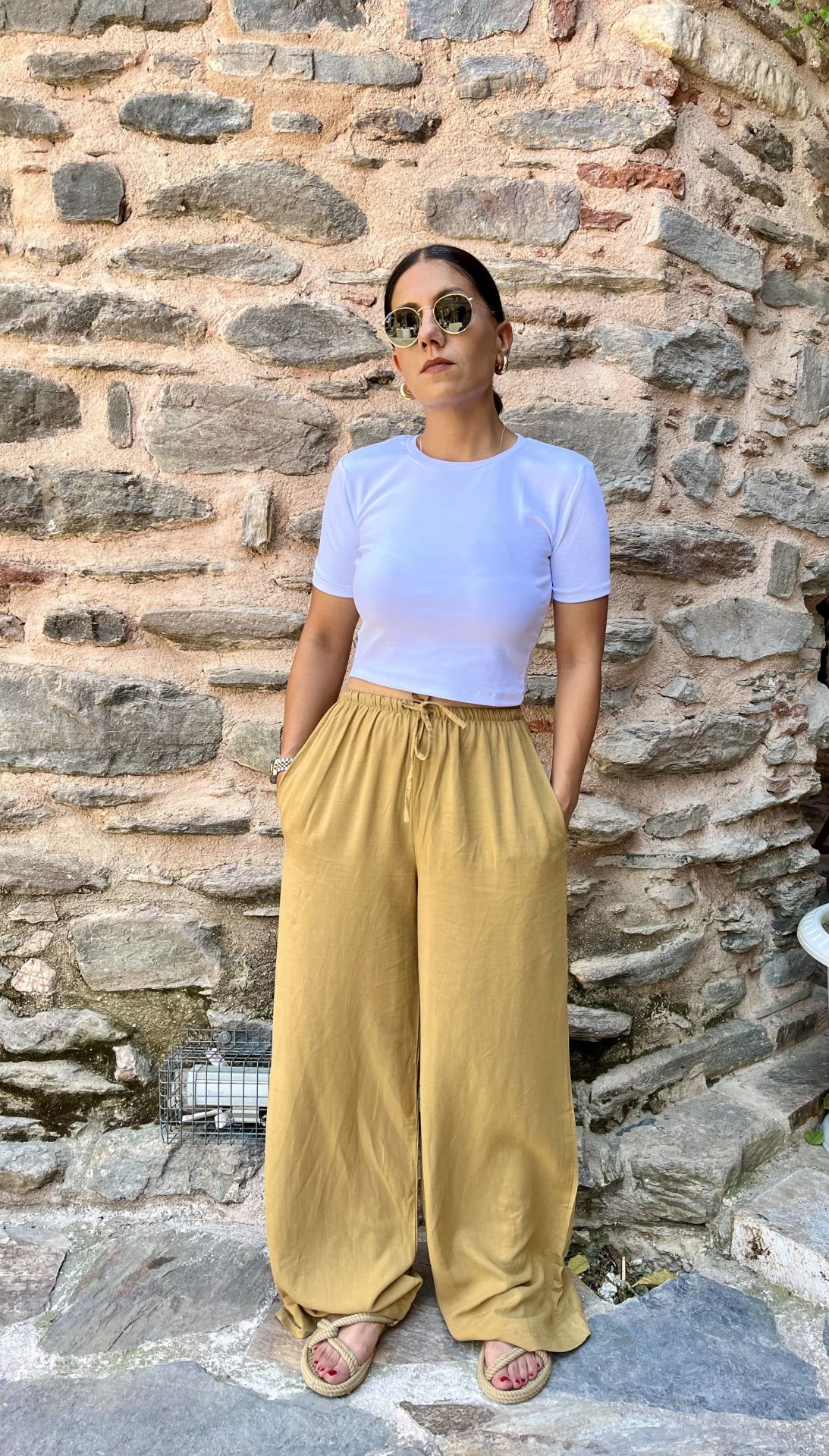 Bisiklet Yaka Crop T-shirt Beyaz