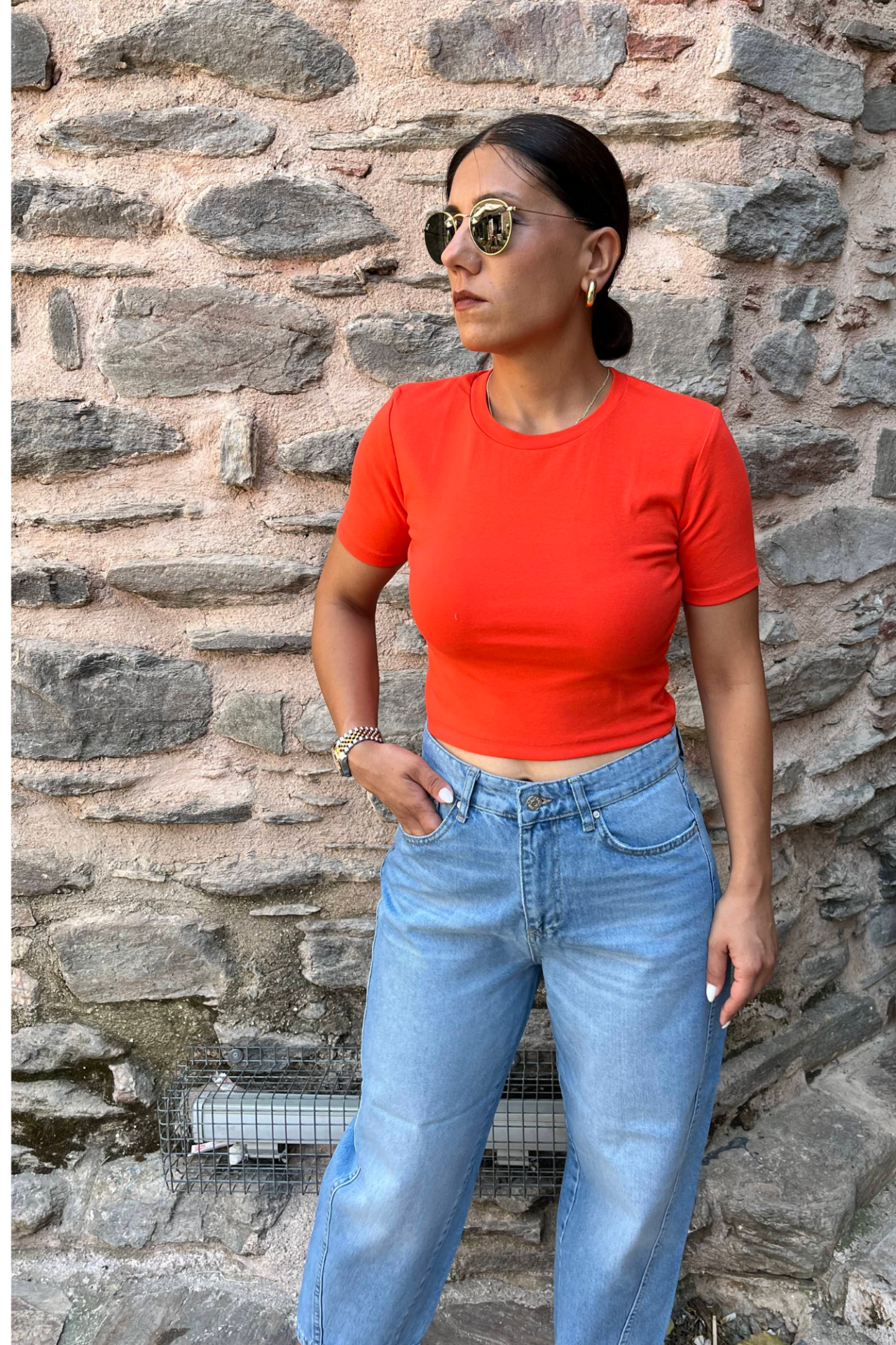 Bisiklet Yaka Crop T-shirt Kırmızı