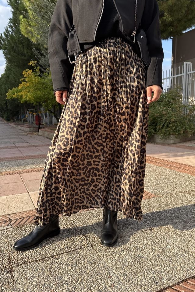 Saten Maxi Kırışık Leopar Etek