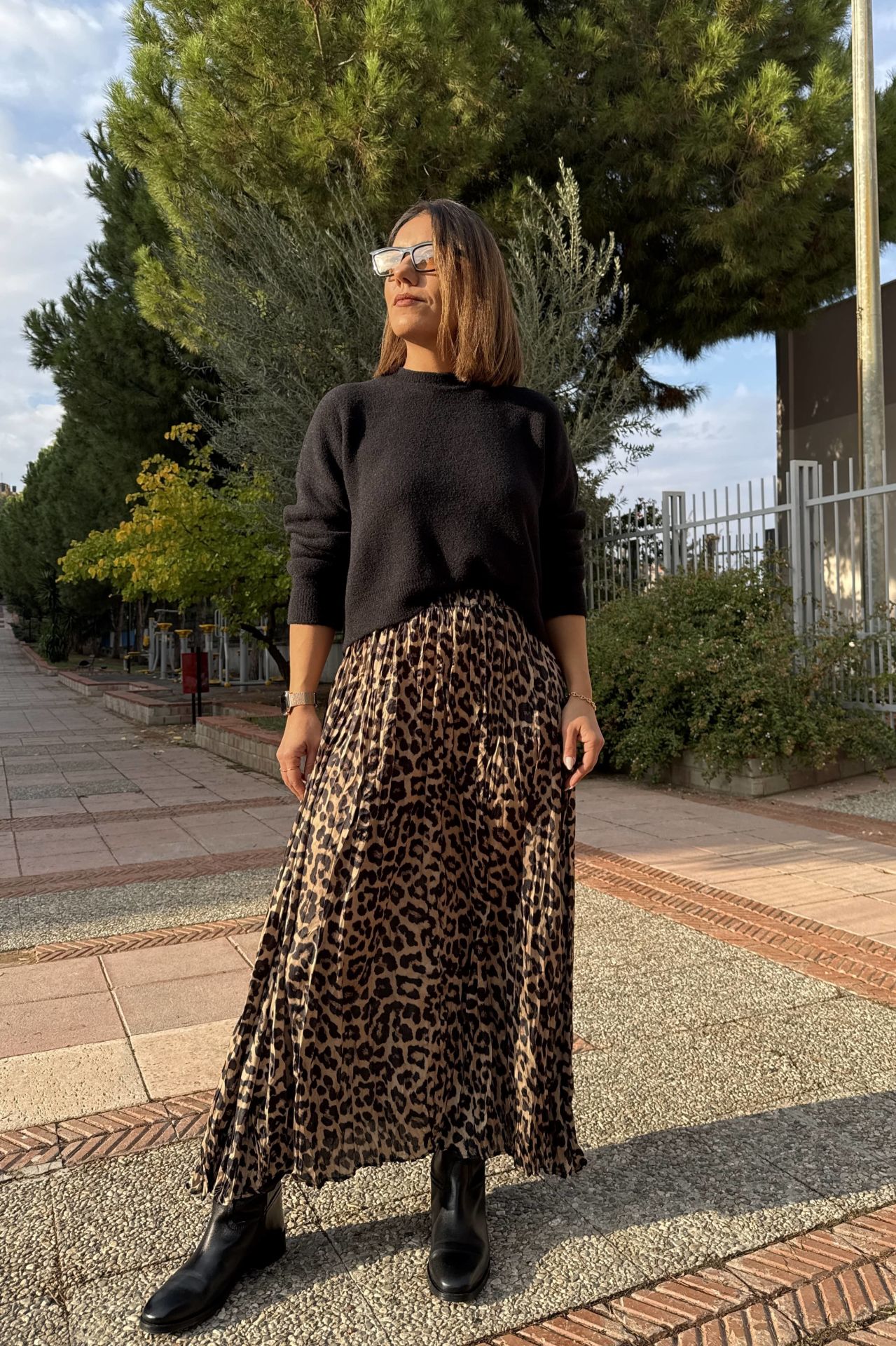 Saten Maxi Kırışık Leopar Etek