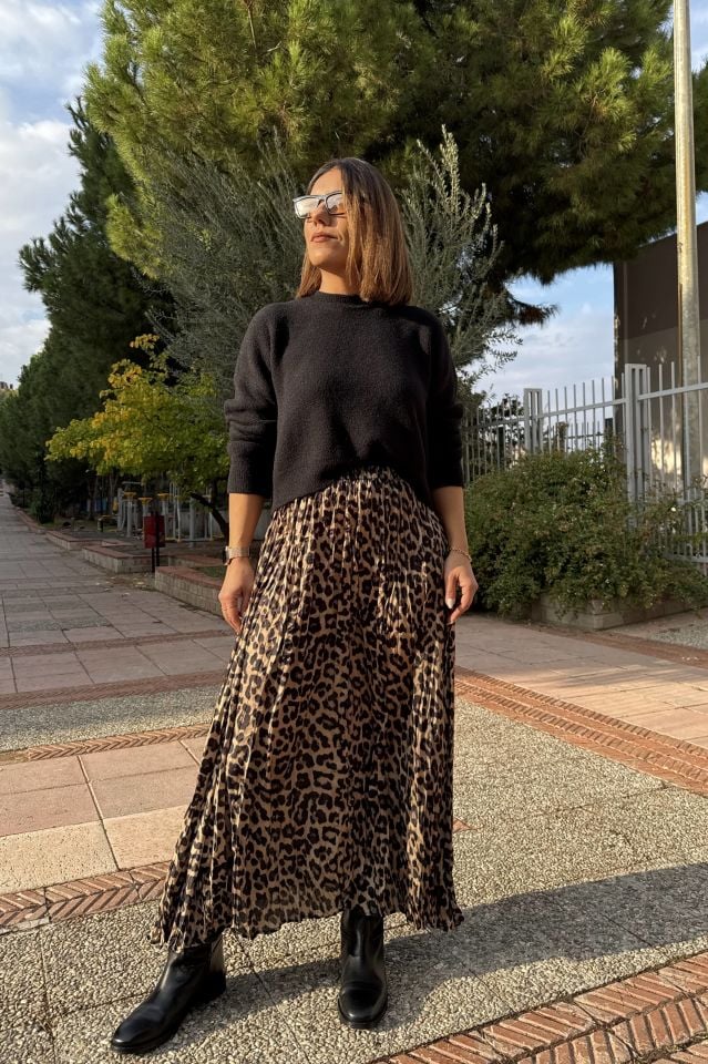Saten Maxi Kırışık Leopar Etek