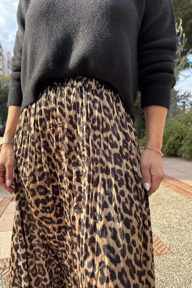 Saten Maxi Kırışık Leopar Etek