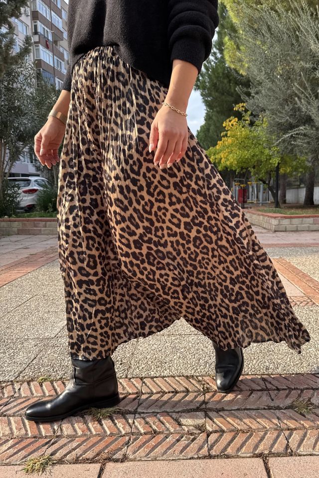 Saten Maxi Kırışık Leopar Etek