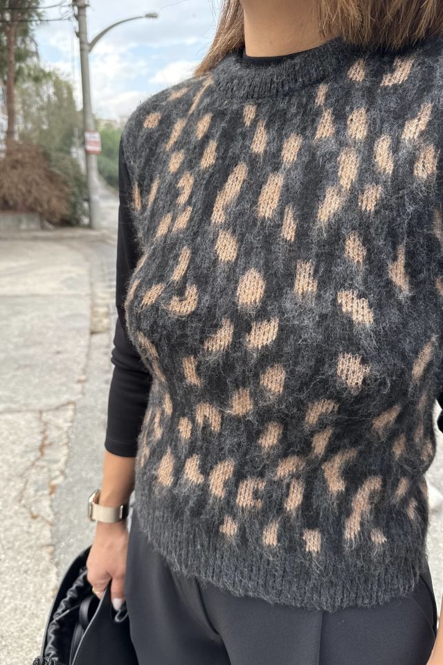 Bisiklet Yaka Leopar Desen Süveter