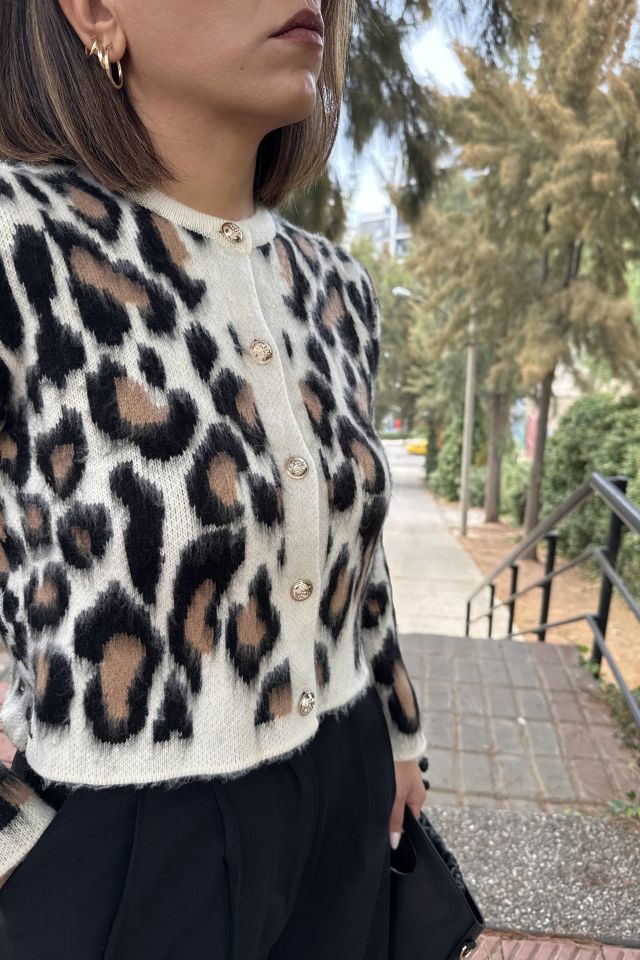 Gold Düğmeli Leopar Desen Hırka