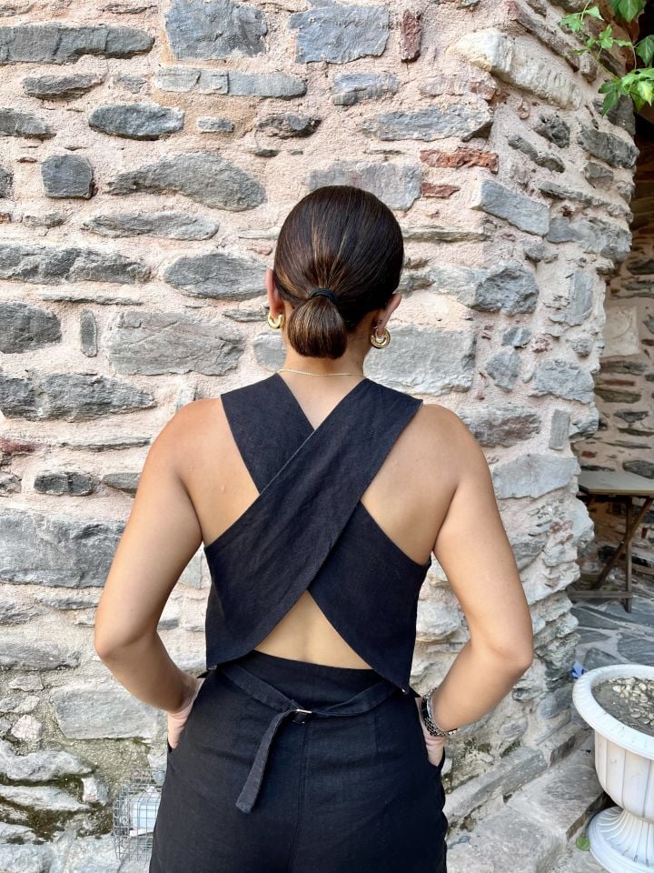 %100 Ham Keten Sırt Detay Yelek Siyah