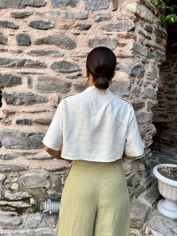 %100 Ham Keten Cepli Crop Gömlek Bej