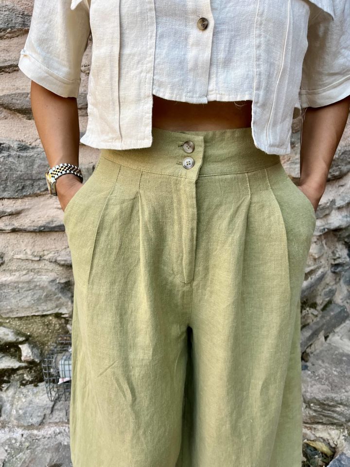 %100 Ham Keten Çift Düğme Pantolon Yeşil