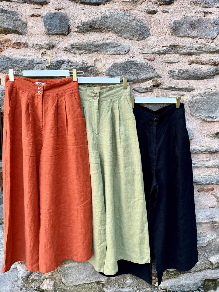 %100 Ham Keten Çift Düğme Pantolon Kiremit