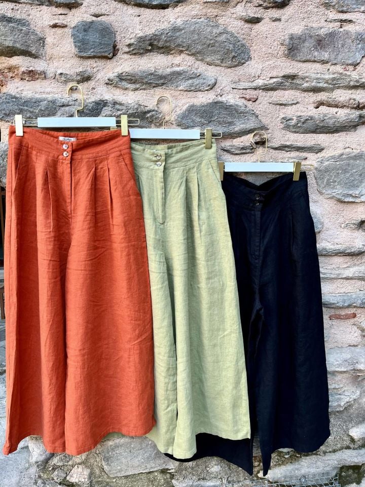 %100 Ham Keten Çift Düğme Pantolon Kiremit