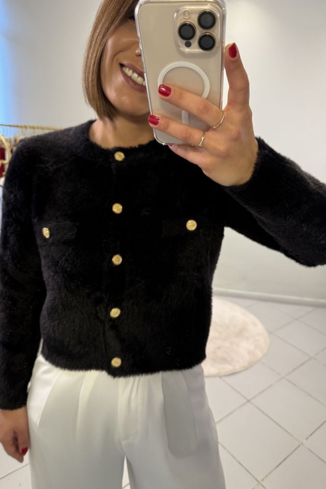 Yumoş Gold Düğmeli Hırka Siyah