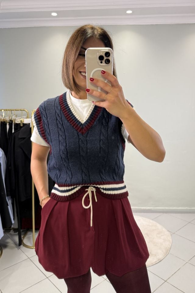 Krep Kumaş Bağcıklı Mini Balon Etek Bordo